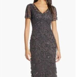 PISARRO NIGHTS Beaded Mesh Column Gown In Slate Size 10 NWT